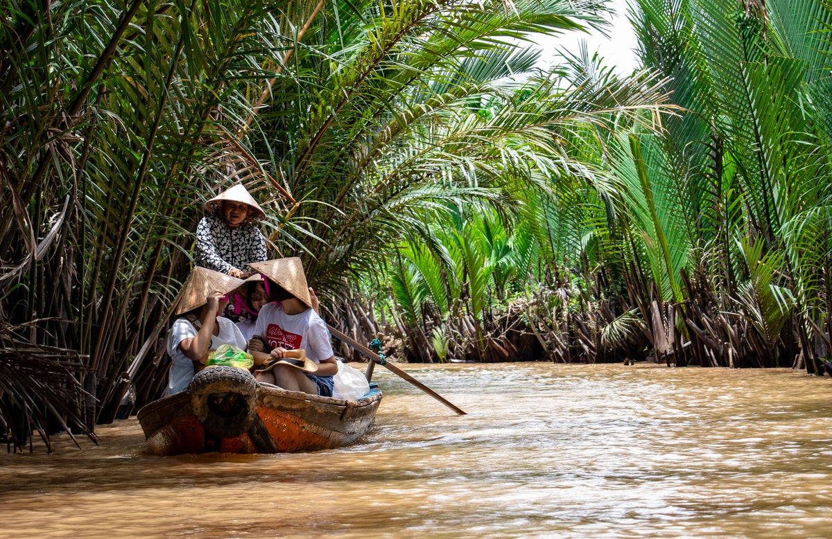 Boat ride through the Mekong Delta's palm-lined waterways