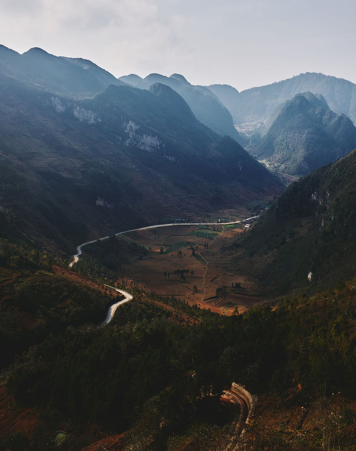 Winding roads and mountains in Ha Giang, aerial