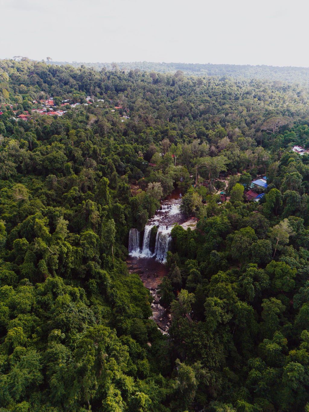 Aerial view of Phnom Kulen waterfall and rainforest