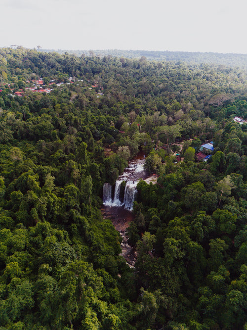 Aerial view of Phnom Kulen waterfall and rainforest