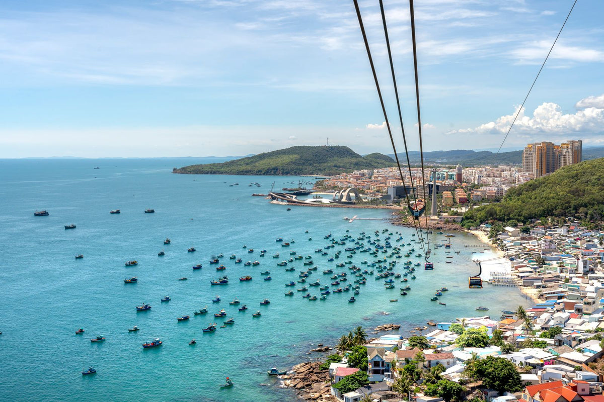 Aerial view of Phu Quoc with boats and the cable car