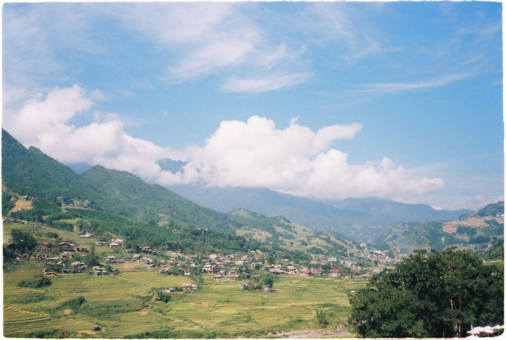 Sapa rice terraces with a village in the hills